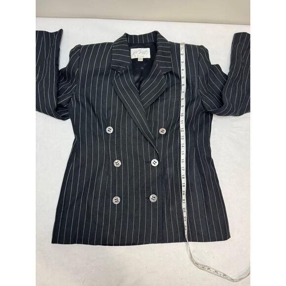 Vintage 1980 Women Cinched Blazer Double Breasted Linen Stripe Shoulder Pads 8P - Picture 5 of 11